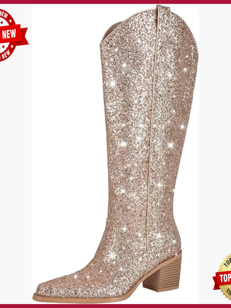 Knee High Rhinestone Chunky Block Heel Boots Sparkly Pull On